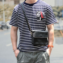 Black Leather Mens Cool Small Courier Bags Messenger Bags Amber Brown Postman Bag For Men - imessengerbags