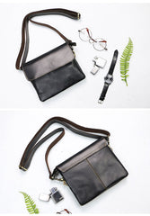 Black Leather Mens Cool Small Courier Bags Messenger Bags Amber Brown Postman Bag For Men - imessengerbags