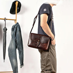 Black Leather Mens Casual Small Postman Bag Courier Bags Coffee Messenger Bag For Men - imessengerbags