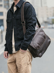 Black Leather Mens Casual 10'' Courier Bags Messenger Bags Dark Coffee Gray Postman Bag For Men - imessengerbags