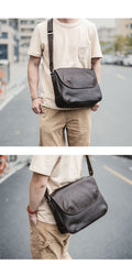 Black Leather Mens Casual 10'' Courier Bags Messenger Bags Dark Coffee Gray Postman Bag For Men - imessengerbags