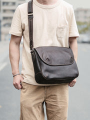 Black Leather Mens Casual 10'' Courier Bags Messenger Bags Dark Coffee Gray Postman Bag For Men - imessengerbags