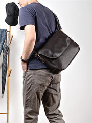 Black Leather Mens Casual 10'' Courier Bags Messenger Bags Dark Coffee Gray Postman Bag For Men - imessengerbags