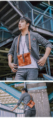 Black Leather Mens Casual Small Courier Bags Messenger Bags Belt Bag Postman Bag For Men - imessengerbags