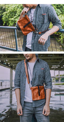 Black Leather Mens Casual Small Courier Bags Messenger Bags Belt Bag Postman Bag For Men - imessengerbags