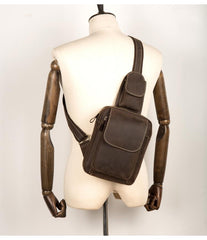 Cool Brown Leather Mens One Shoulder Backpack Sling Bag Brown Crossbody Pack Chest Bag for men