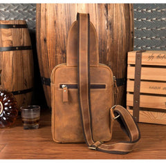 Cool Brown Leather Mens One Shoulder Backpack Sling Bag Brown Crossbody Pack Chest Bag for men - imessengerbags
