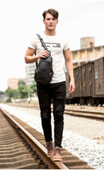 Black Leather Mens Cool Crossbody Pack Sling Bags Black Sling Pack Chest Bag for Men - imessengerbags