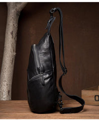 Black Leather Mens Cool Crossbody Pack Sling Bags Black Sling Pack Chest Bag for Men - imessengerbags