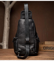 Black Leather Mens Cool Crossbody Pack Sling Bags Black Sling Pack Chest Bag for Men - imessengerbags