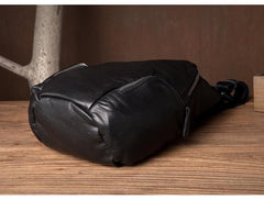 Black Leather Mens Cool Crossbody Pack Sling Bags Black Sling Pack Chest Bag for Men - imessengerbags