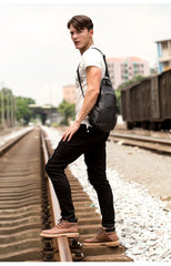Black Leather Mens Cool Crossbody Pack Sling Bags Black Sling Pack Chest Bag for Men - imessengerbags