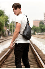 Black Leather Mens Cool Crossbody Pack Sling Bags Black Sling Pack Chest Bag for Men - imessengerbags