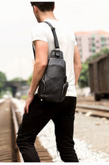 Black Leather Mens Cool Crossbody Pack Sling Bags Black Sling Pack Chest Bag for Men - imessengerbags