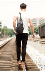 Black Leather Mens Cool Crossbody Pack Sling Bags Black Sling Pack Chest Bag for Men - imessengerbags