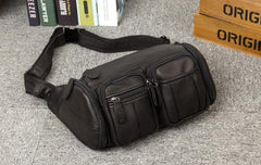 Black Leather Mens Cool Barrel Fanny Pack Hip Pack Bum Bag for men