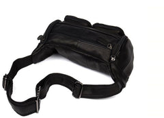 Black Leather Mens Cool Barrel Fanny Pack Hip Pack Bum Bag for men