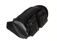 Black Leather Mens Cool Barrel Fanny Pack Hip Pack Bum Bag for men