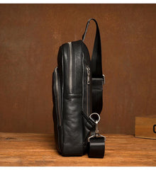 Black Leather Mens Cool Sling Bag Sling Pack Brown ONe Shoulder Backpack Chest Bag for men - imessengerbags