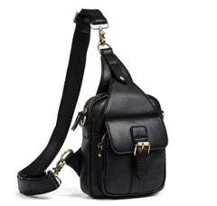 Black Leather Mens Cool Sling Bag Sling Pack Black Crossbody Packs Chest Bags for men - imessengerbags