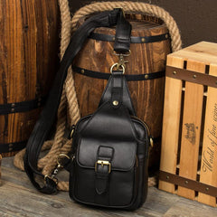 Black Leather Mens Cool Sling Bag Sling Pack Black Crossbody Packs Chest Bags for men - imessengerbags