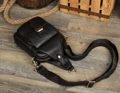 Black Leather Mens Cool Sling Bag Sling Pack Black Crossbody Packs Chest Bags for men - imessengerbags