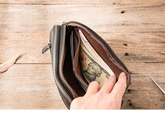 Black Leather Mens Long Zipper Clutch Wallet Wristlet Bag Long Wallet Phone Clutch Wallet for Men - imessengerbags