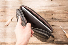 Black Leather Mens Long Zipper Clutch Wallet Wristlet Bag Long Wallet Phone Clutch Wallet for Men - imessengerbags