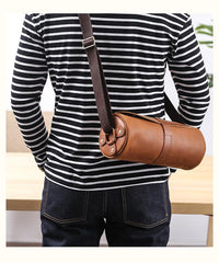 Black Leather Mens Brown Barrel Postman Bag Brown Bucket Messenger Bag Side Bag For Men - imessengerbags