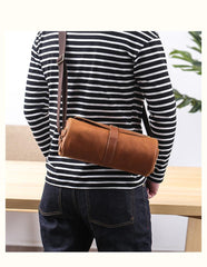Black Leather Mens Brown Barrel Postman Bag Brown Bucket Messenger Bag Side Bag For Men - imessengerbags