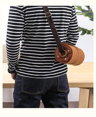 Black Leather Mens Brown Barrel Postman Bag Brown Bucket Messenger Bag Side Bag For Men - imessengerbags