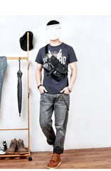Black Leather Mens Small Courier Bag Chest Bag Messenger Bags Black Sling Bag For Men - imessengerbags