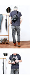 Black Leather Mens Small Courier Bag Chest Bag Messenger Bags Black Sling Bag For Men - imessengerbags