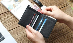 Black Leather Mens Slim Bifold Small Wallet Front Pocket Wallet Small Wallet for Men - imessengerbags