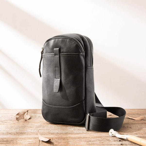 Black Leather Mens Sling Bag Sling Shoulder Bag Sling Backpack for men - imessengerbags