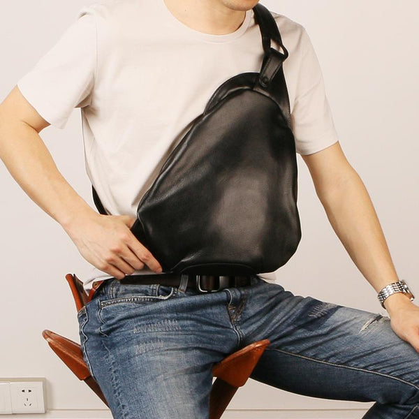 Black Leather Mens Sling Bag Sling Shoulder Bag Sling Backpack for men - imessengerbags