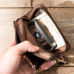 Black Handmade Leather Mens Small Car Key Wallet Dark Brown Key Holder Coin Purse Card Holder For Men - imessengerbags
