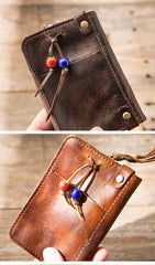 Black Handmade Leather Mens Small Car Key Wallet Dark Brown Key Holder Coin Purse Card Holder For Men - imessengerbags