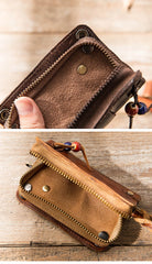 Black Handmade Leather Mens Small Car Key Wallet Dark Brown Key Holder Coin Purse Card Holder For Men - imessengerbags