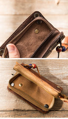 Black Handmade Leather Mens Small Car Key Wallet Dark Brown Key Holder Coin Purse Card Holder For Men
