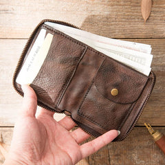 Black Leather Mens Small Card Wallet Front Pocket Wallet Brown Zipper Coin billfold Wallet For Men - imessengerbags