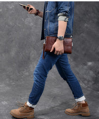 Black Leather Mens Brown Business Long Wallet Clutch Bag Wristlet Wallet For Men - imessengerbags
