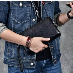 Black Leather Mens Brown Business Long Wallet Clutch Bag Wristlet Wallet For Men - imessengerbags