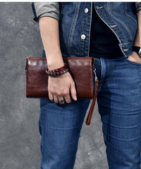 Black Leather Mens Brown Business Long Wallet Clutch Bag Wristlet Wallet For Men - imessengerbags