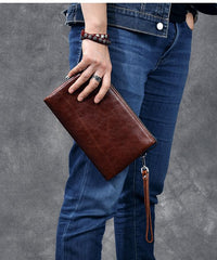 Black Leather Mens Brown Business Long Wallet Clutch Bag Wristlet Wallet For Men - imessengerbags