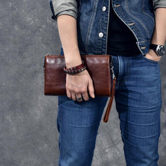 Black Leather Mens Brown Business Long Wallet Clutch Bag Wristlet Wallet For Men - imessengerbags