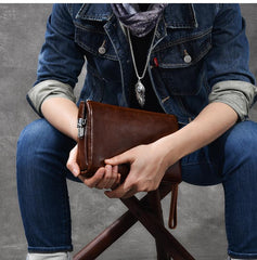 Black Leather Mens Brown Business Long Wallet Clutch Bag Wristlet Wallet For Men - imessengerbags