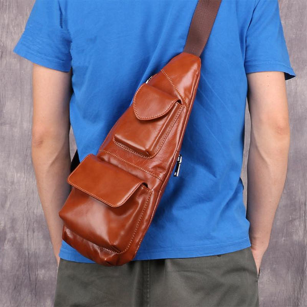 Dark Brown MENS LEATHER One Shoulder Backpack Sling Bag Coffee Chest Bag For Men