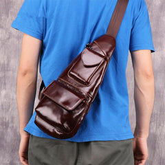 Dark Brown MENS LEATHER One Shoulder Backpack Sling Bag Coffee Chest Bag For Men - imessengerbags