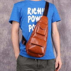 Dark Brown MENS LEATHER One Shoulder Backpack Sling Bag Coffee Chest Bag For Men - imessengerbags